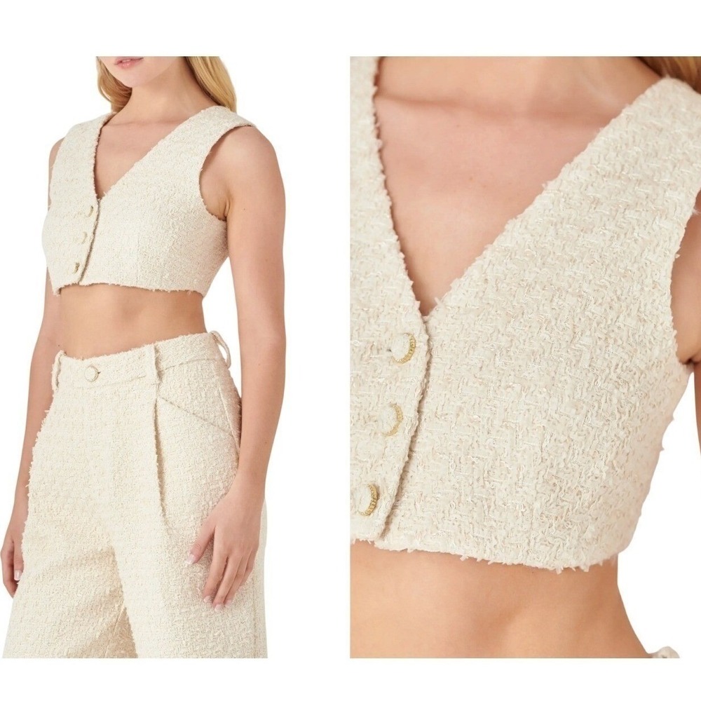 English Factory Cream Bouclé Tweed Cropped Vest Buttons Medium Coquette Elevated